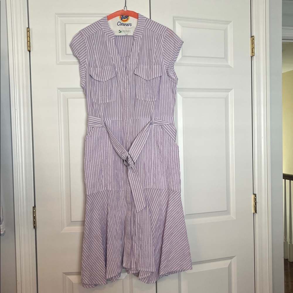 White House Black Market Purple Striped Sleeveless Dress with Belt, size 12P